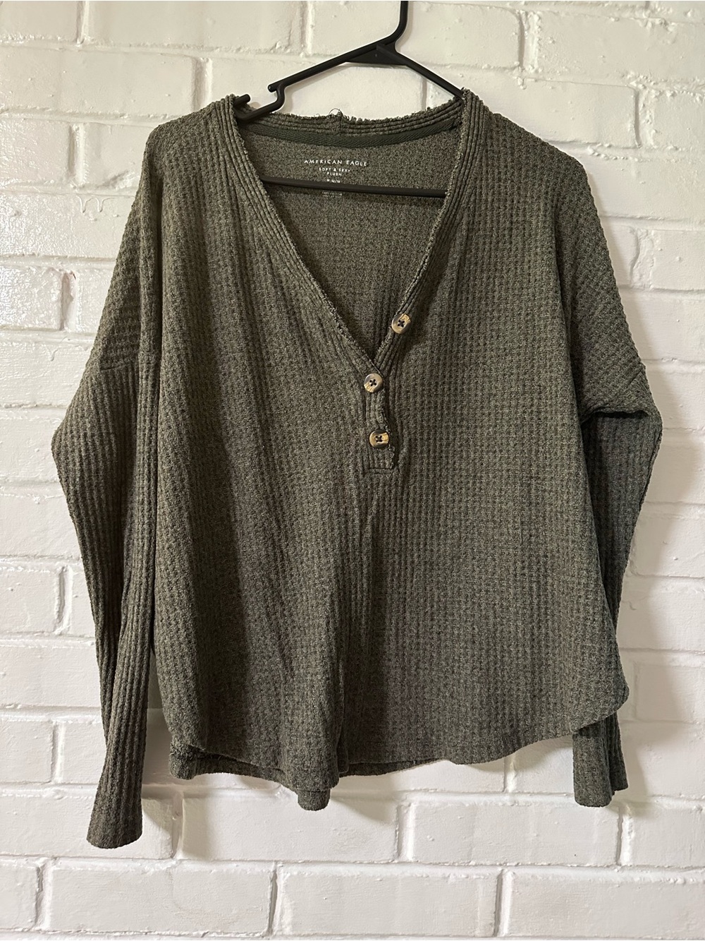American Eagle Outfitters Olive Green Waffle Henley Sweater